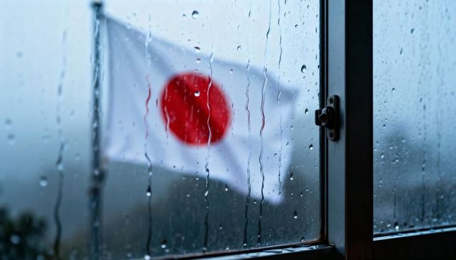 Japanese flag blurring through rain-streaked window with metal frame and raindrops, hinomaru