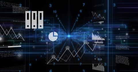 Glowing central data visualization with converging line graphs on holographic dashboard