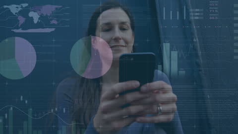 Woman Using Smartphone with Digital Finance Interface Overlay