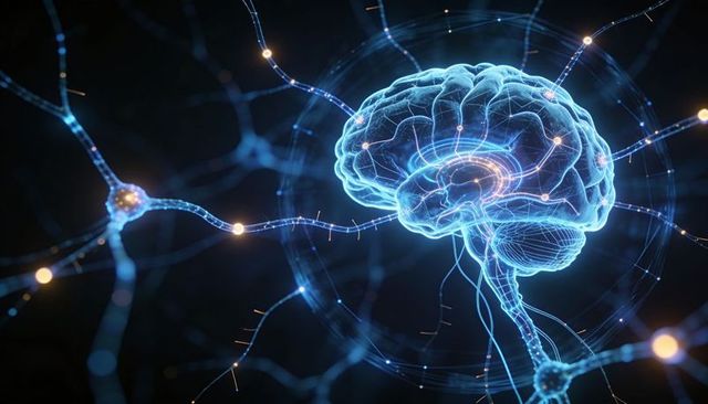 Glowing brain model hovering in virtual space showing neural network and synapses