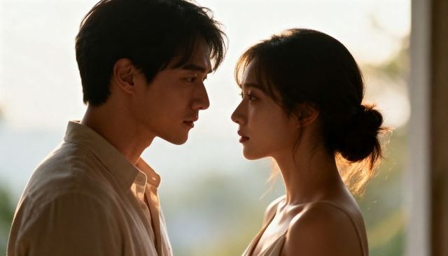 Golden hour profile portrait of asian couple gazing intimately, romantic backlit duo