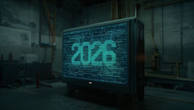 Glowing 2026 digital circuit display in industrial utility room neon cyan cabinet