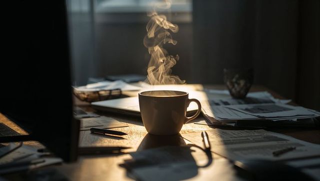 Steaming coffee mug on wooden desk with warm backlight, scattered documents and laptop