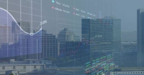 Financial Charts Overlaying City Skyline Displaying Stock Market Trends and Live Ticker Data