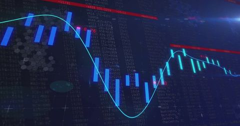 Teal Candlestick Market Chart Showing Dip and Recovery on Futuristic Trading Dashboard