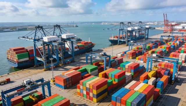 Busy container port with gantry cranes loading shipping containers at waterfront terminal