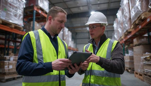 Warehouse supervisors consulting on tablet in distribution center, high visibility vests