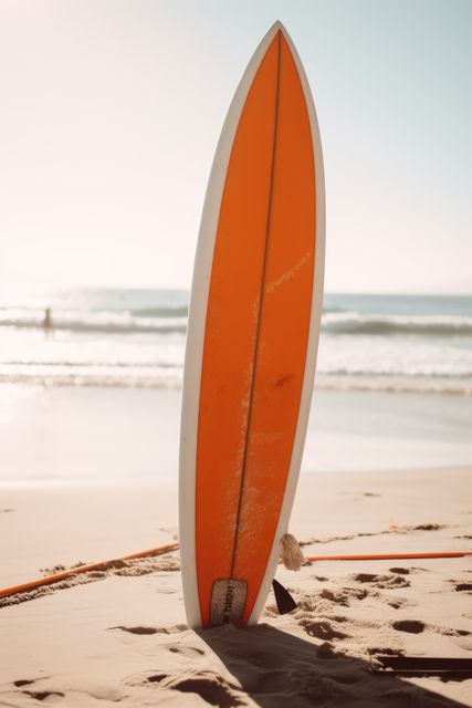 Orange and white surfboard standing on beach at sunset, created using generative ai technology. Surfing, sports, hobbies and vacation concept digitally generated image.