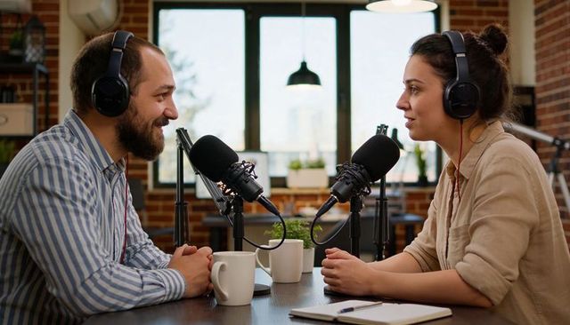 Podcast hosts recording conversational interview in cozy brick studio with headphones and mics