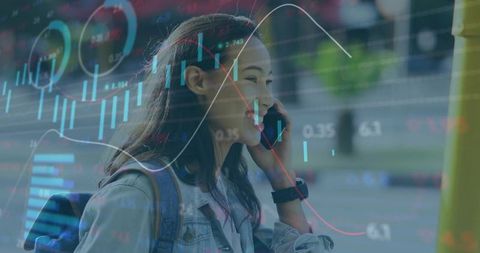 Digital Trendsetters: Woman Analyzing Smartphone Data with Trend Graphs