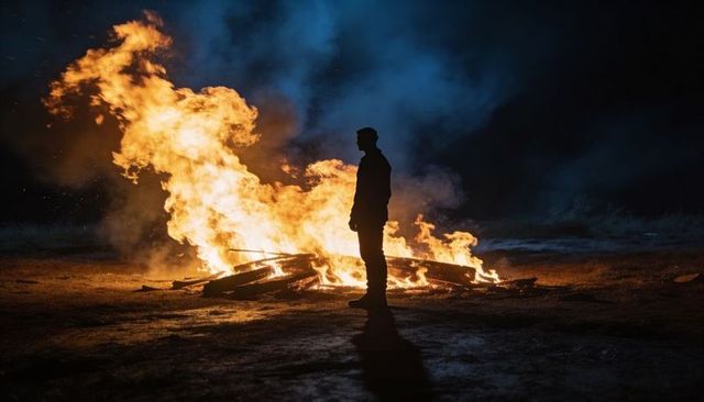 Silhouette man standing by roaring bonfire at night, long shadow and flying embers