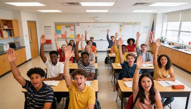 High school students raising hands in engaged health class promoting wellness and inclusion