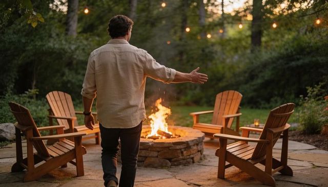 Man walking toward fire pit at dusk with adirondack chairs and glowing string lights