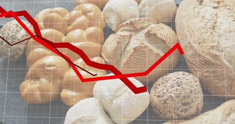 Artisanal bread prices fluctuating on market chart over fresh bakery loaves