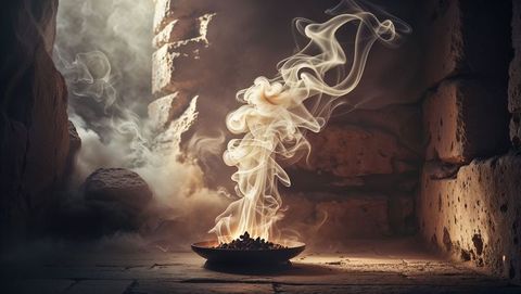 Smoke rising from ancient frankincense incense in mysterious crypt