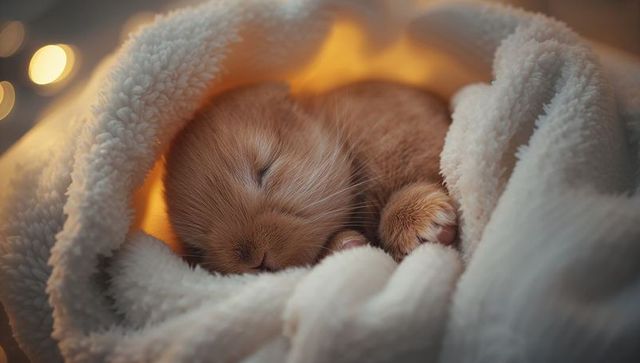 Sleeping ginger kitten nestling in plush white fleece blanket with soft warm bokeh lights