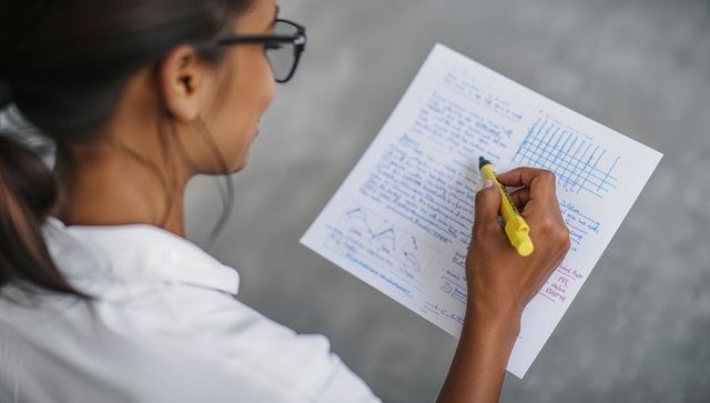 Student highlighting handwritten notes with yellow marker, closeup overhead study shot