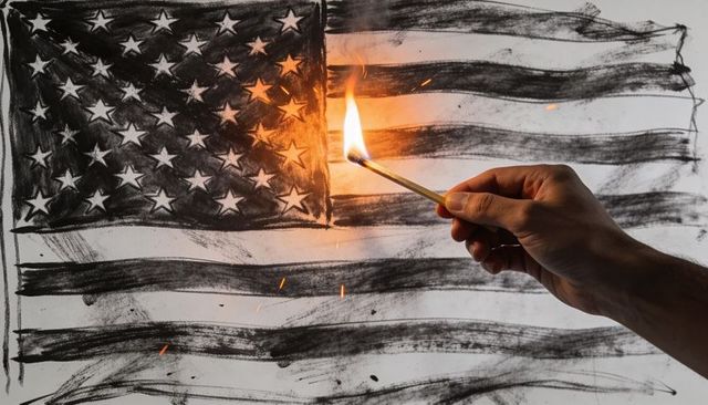 Male hand lighting match on charcoal american flag sketch, burning protest concept