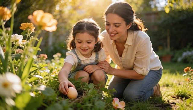 Mother daughter discovering egg in flower garden during golden hour bonding