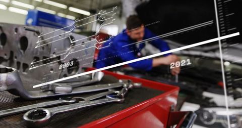 Wrenches on red tool chest with mechanic working and diagnostic timeline overlay