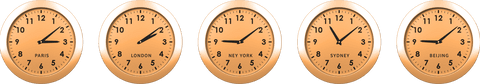 International clocks displaying global times on transparent background