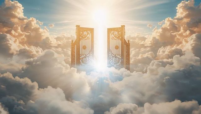 Ornate Golden Gates in Sky with Sunbeams