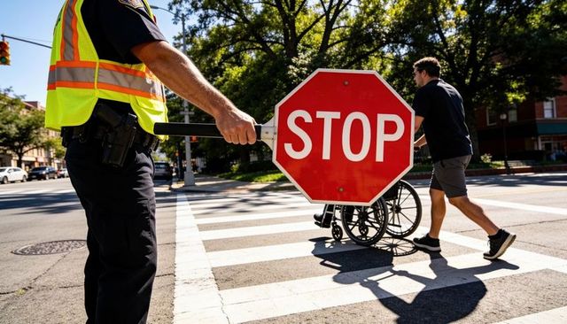 Traffic officer holding stop sign assisting person in wheelchair crossing urban crosswalk