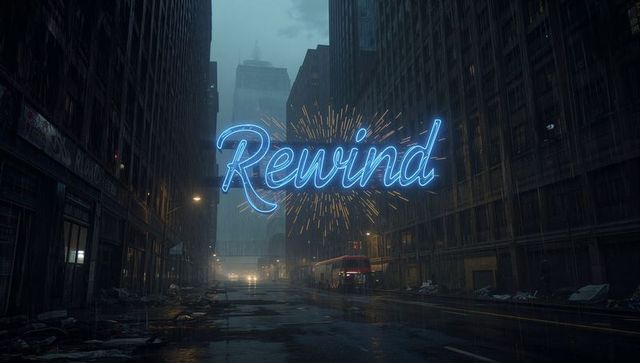 Neon rewind sign lighting rainy downtown canyon with red bus, wet streets and reflections
