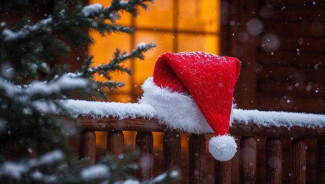 Red knit Santa hat draping over snowy cabin rail with warm window glow
