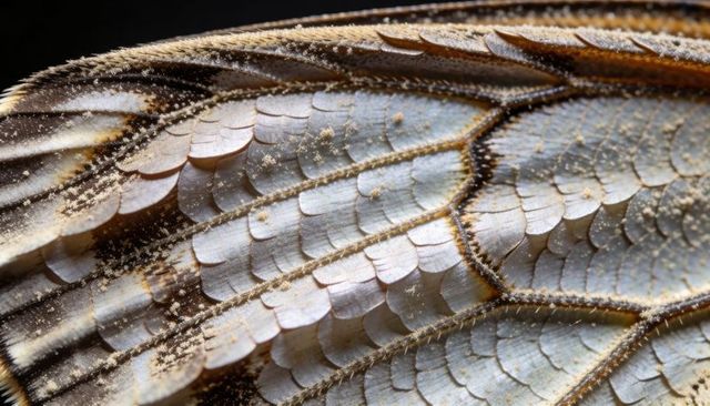 Macro revealing iridescent insect wing scales, venation and micro hairs in high detail