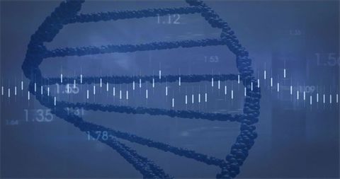 Digital dna double helix interacting with genomic data waveform on holographic dashboard