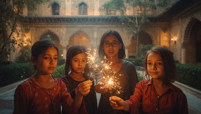 Kids with Sparklers Celebrating Friendship in Moorish Courtyard
