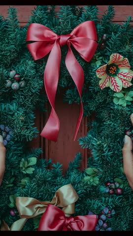 Vertical video: Hands placing festive wreath with red bow on rustic wooden door
