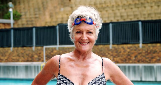 Senior Woman in Swimsuit at Outdoor Pool - Download Free Stock Images Pikwizard.com