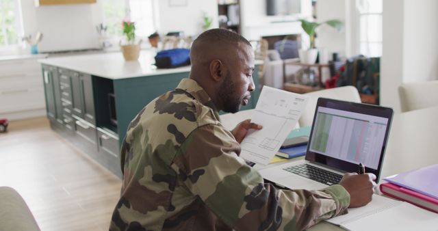 Military Man Working from Home on Laptop and Documents - Download Free Stock Images Pikwizard.com