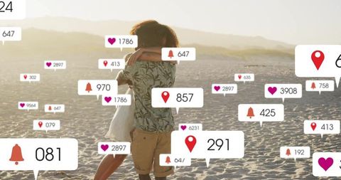 Embracing Couple Surrounded by Social Media Icons on Beach
