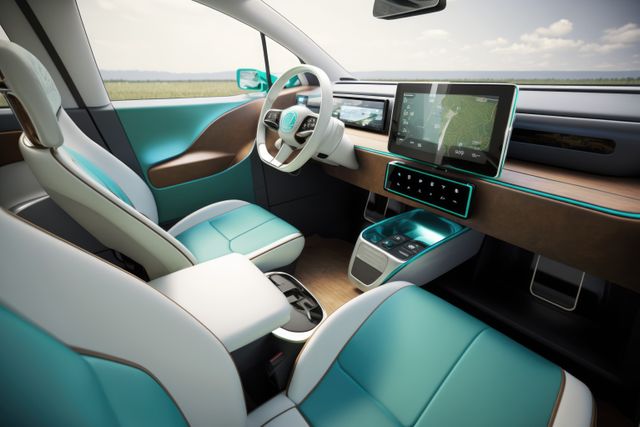 Interior of electric car with green and white seats, created using generative ai technology. Electric car and eco transport concept digitally generated image.