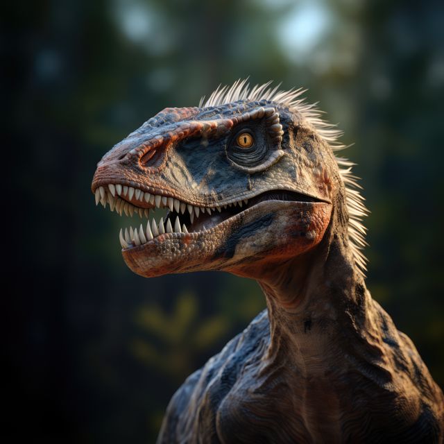 Headshot of dinosaur with plants in forest, created using generative ai technology. Dinosaur and nature concept digitally generated image.