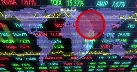 Global market dashboard displaying world map with neon stock tickers and red alert