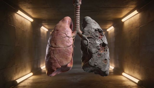 Healthy vs diseased human lungs suspended in narrow corridor 3d medical illustration