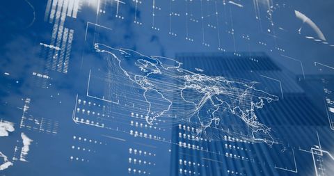 Futuristic Digital World Map Interface Overlaying Cityscape - Download Free Stock Images Pikwizard.com