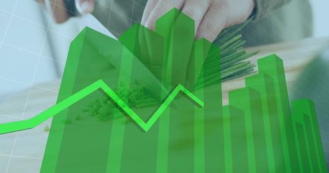 Female chef chopping fresh herbs with green bar and line graph overlay for food analytics