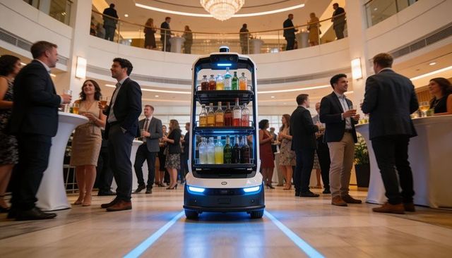 Autonomous beverage robot navigating corporate atrium serving drinks at networking reception