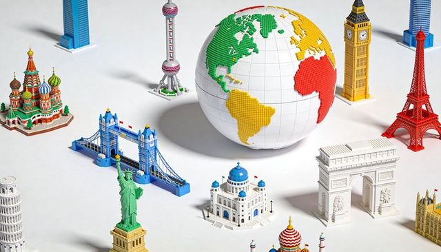 Colorful brick globe with miniature global landmarks showcasing world travel and architecture