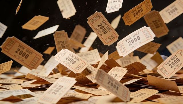 Falling raffle tickets numbered 2000 forming pile, vintage tan lottery stubs