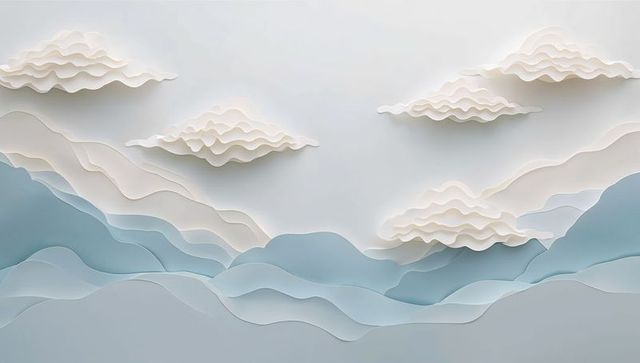 Layered pastel paper-cut seascape with floating clouds and soft shadows