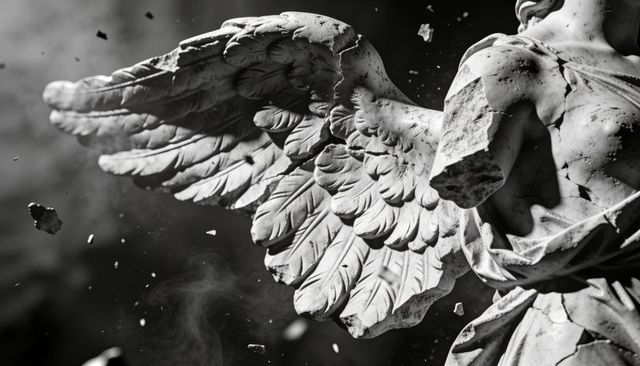Weathered marble angel wing crumbling into dust and shards dramatic monochrome sculpture