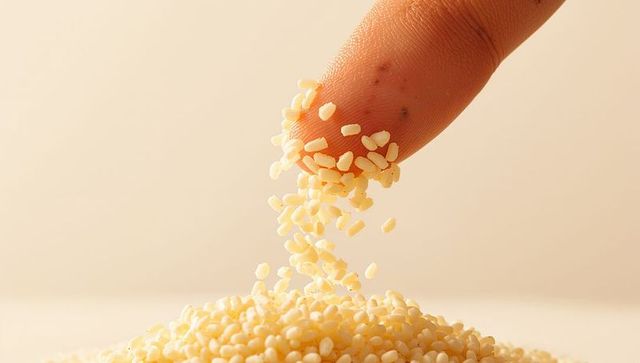 Human fingertip releasing pale yellow grains over pile closeup macro texture beige
