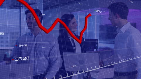 Business Team Collaborating Amidst Financial Graph Display