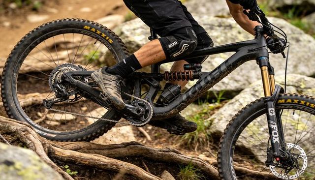 Pedaling full-suspension mountain bike over roots and rocks, muddy maxxis tires action